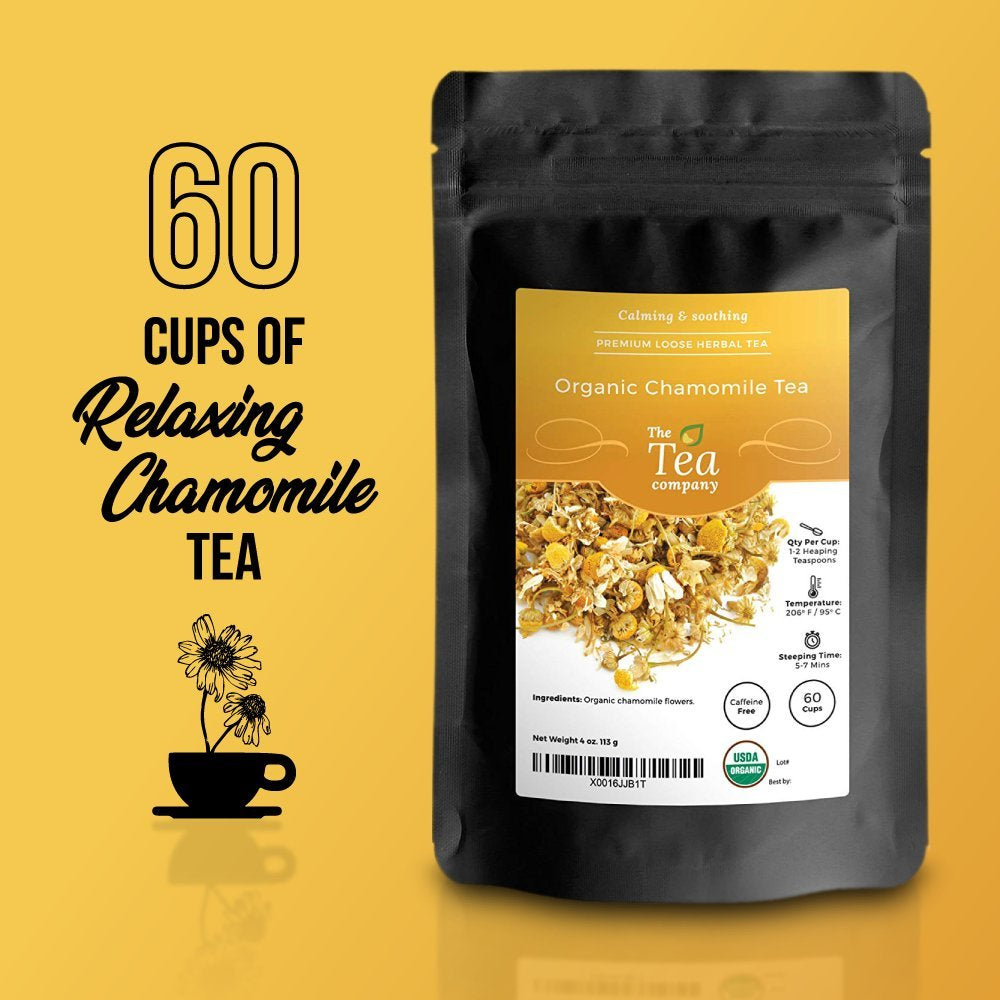 Organic Chamomile Tea 4Oz (60 Servings) Calming & Relaxing 100% Natural Dried Chamomile Flowers Loose Leaf Herbal Tea with Whole Blossoms | No Caffeine | Enjoy with Kids before Bedtime, Safe for Children & Infants