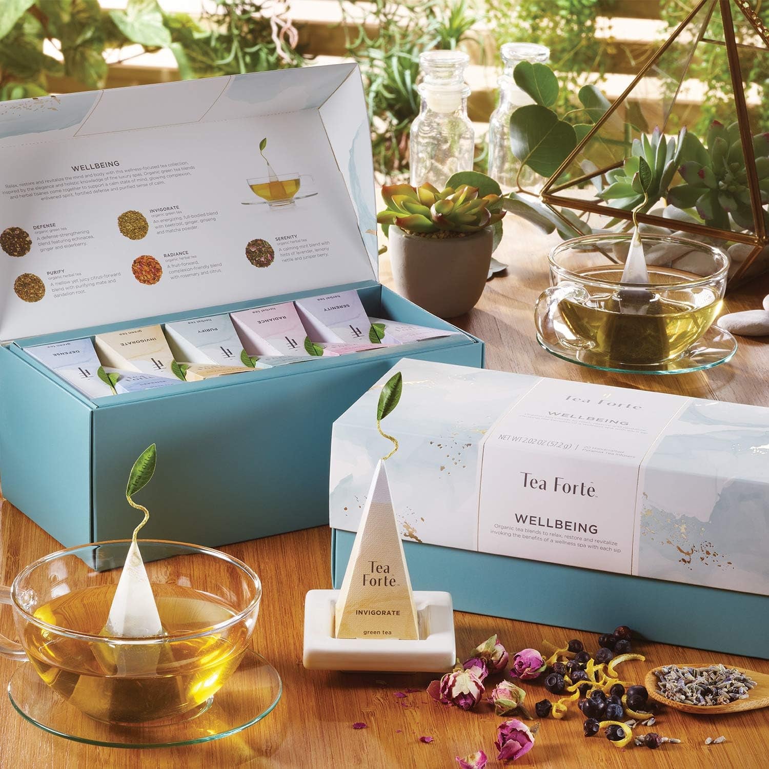Wellbeing Organic Wellness Tea Presentation Box Tea Sampler Gift Set, 20 Assorted Variety Handcrafted Pyramid Tea Infuser Bags - Herbal Tea, Green Tea