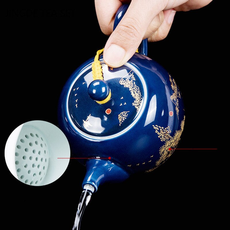 Luxury Palace Style Blue Ceramics Teapot Handmade Filter Kettle Household Tea Set Tie Guanyin Puer Chinese Tea Ceremony Gifts