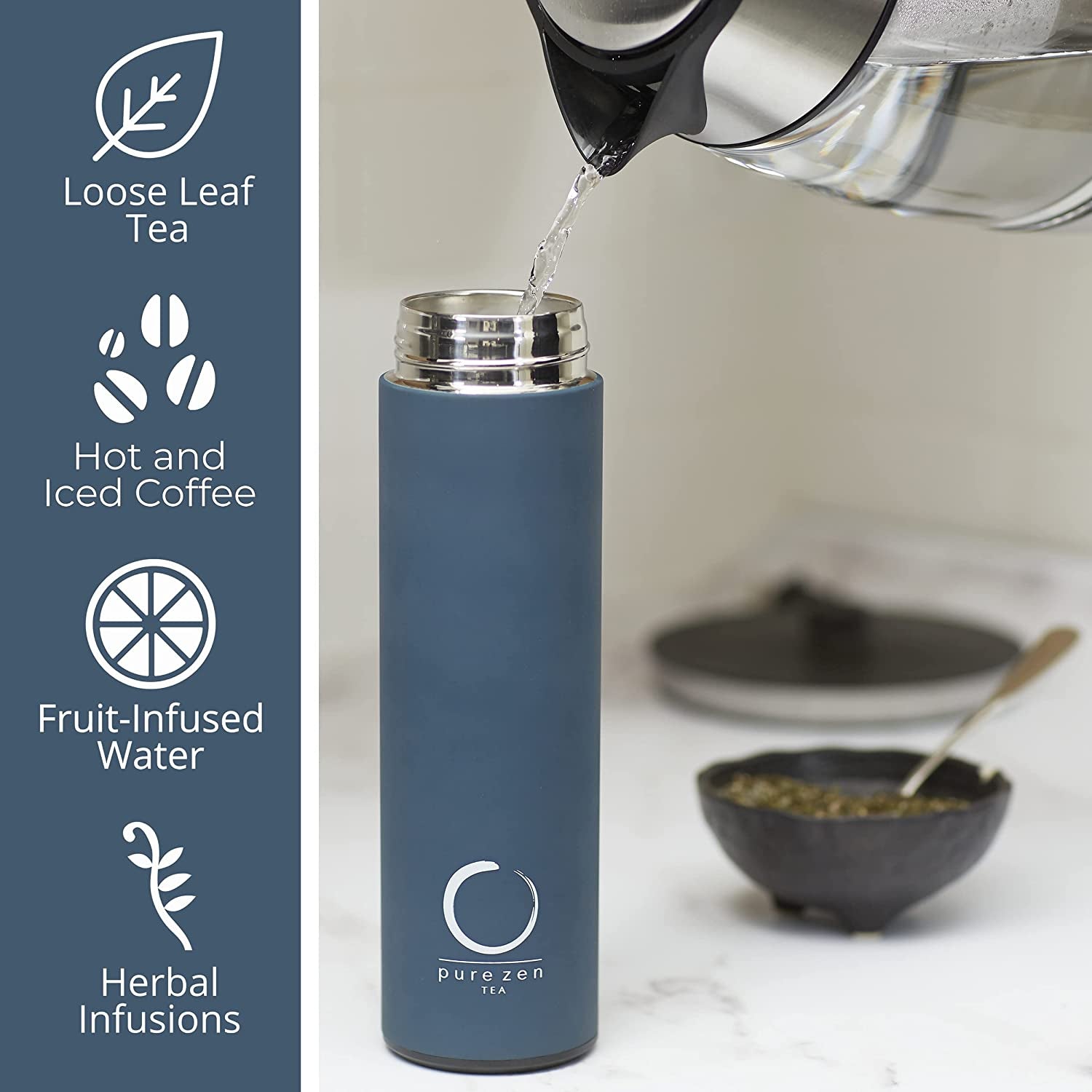 Thermos with Infuser - Stainless Steel Insulated Tea Infuser Tumbler for Loose Leaf Tea, Iced Coffee and Fruit-Infused Water - Leakproof Tea Tumbler with Infuser - 15Oz - Blue