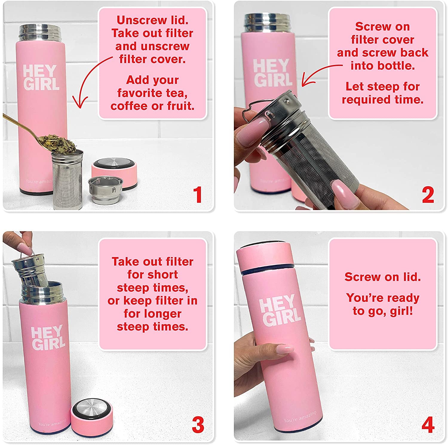 Infuser Bottle 450Ml - Insulated Stainless Steel Water Bottle - Thermos Tea Tumbler with Tea Diffuser - Portable Travel Mug for Loose Leaf Tea & Infused Water - Tea Lovers Gifts for Women