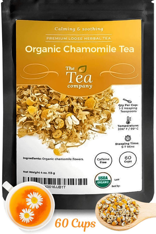 Organic Chamomile Tea 4Oz (60 Servings) Calming & Relaxing 100% Natural Dried Chamomile Flowers Loose Leaf Herbal Tea with Whole Blossoms | No Caffeine | Enjoy with Kids before Bedtime, Safe for Children & Infants