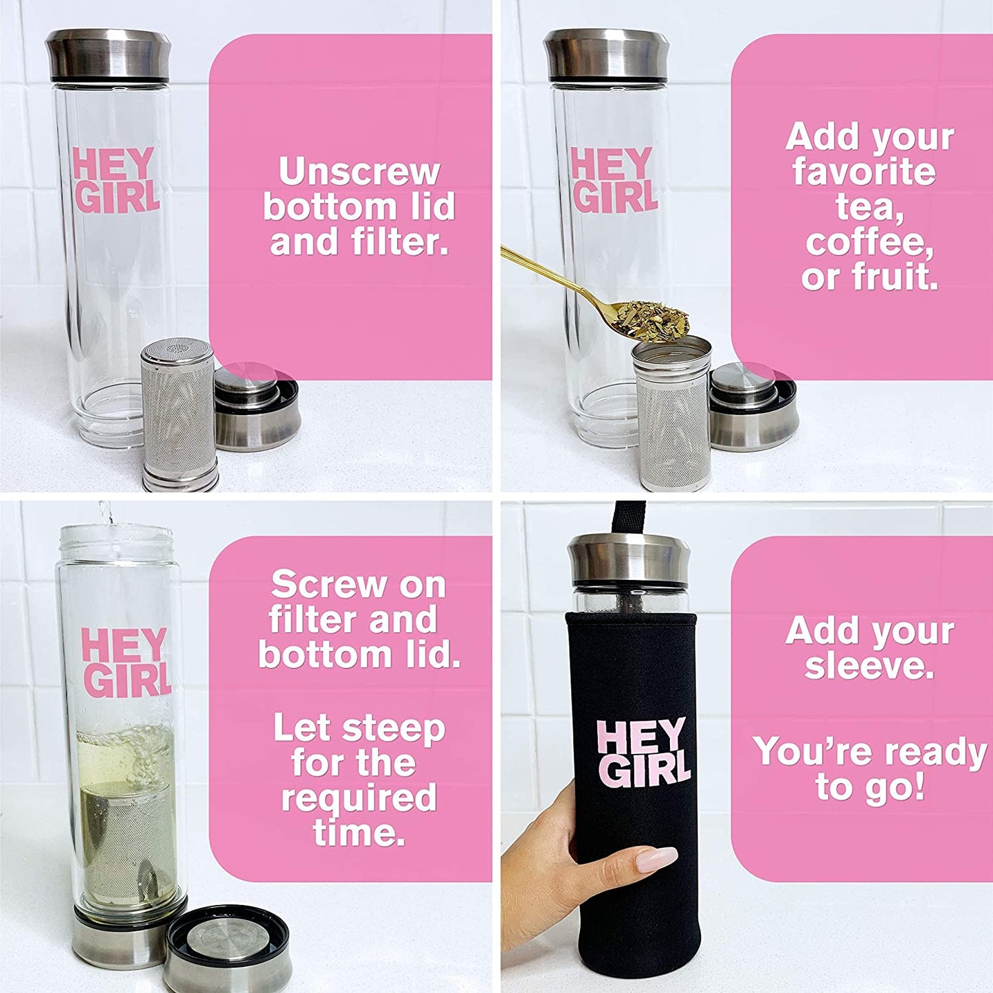 Hey Girl Glass Water Bottle Tea Infuser - 14Oz Insulated Glass Bottles with Tea Steeper & Silicone Sleeve for Loose Leaf Tea & Infused Fruit - Travel Tea Brewer Tumbler Mug - Gifts for Tea Drinkers
