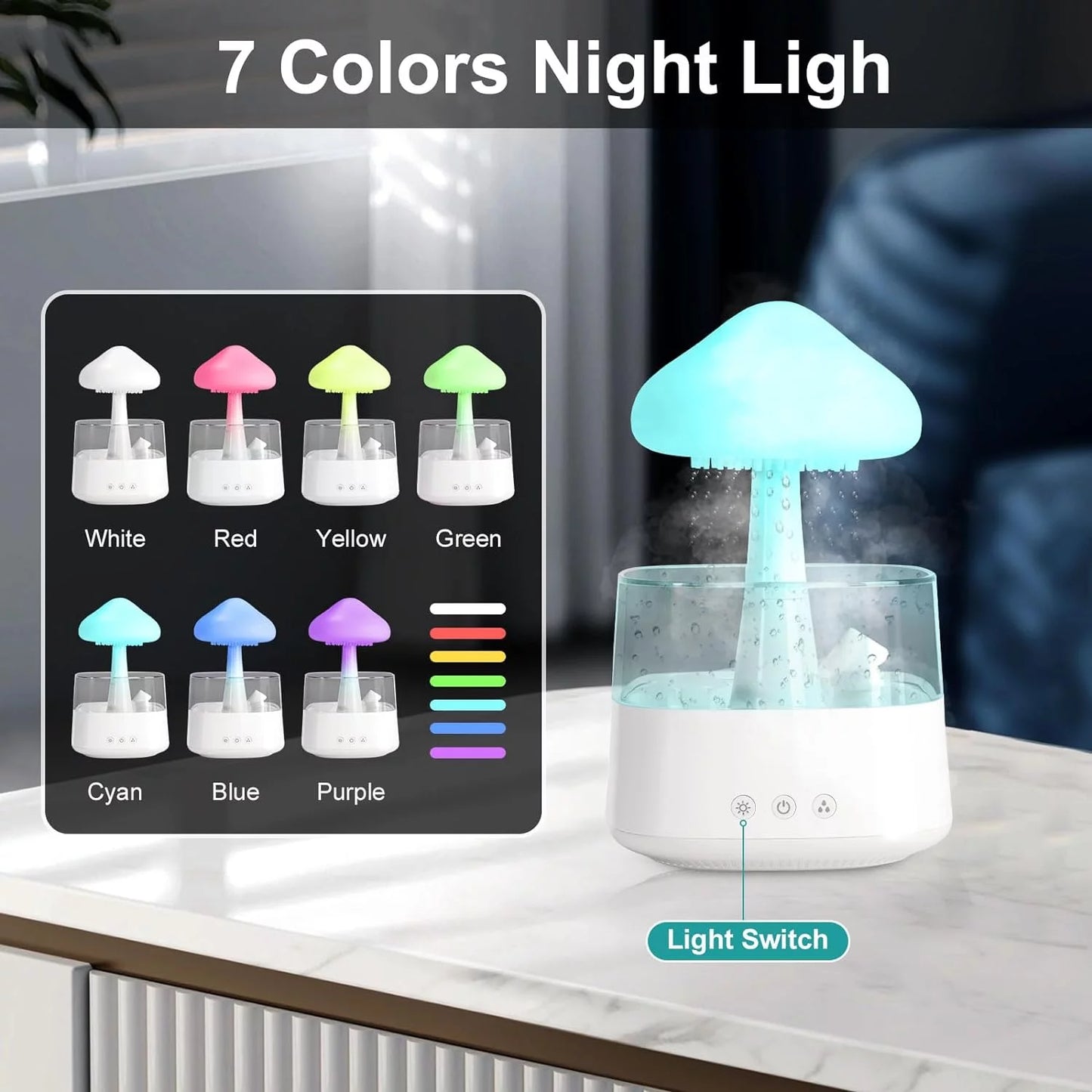 Rain Cloud Humidifier with Remote, Night Light Aromatherapy Essential Oil Diffuser, 7 Colors Desktop Mushroom Humidifier Waterfall Lamp with Water Sound,Rain Sounds for Sleeping