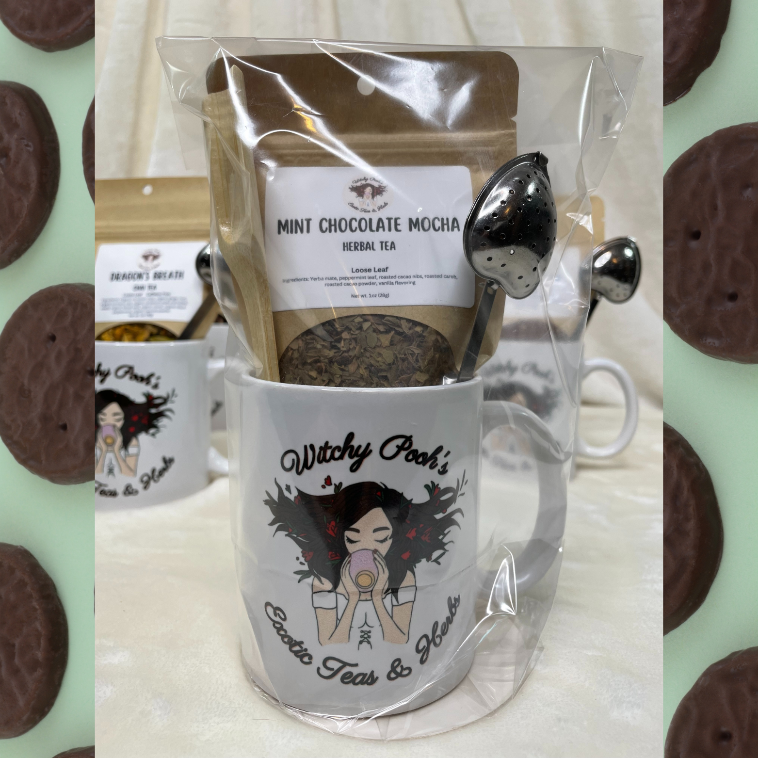 Witchy Pooh's Gift Mugs Sets Come with 1oz Pouch of Loose Leaf Tea, Heart Shaped Tea Strainer with Handle and a Wooden Spoon in a Witchy Pooh Mug-0