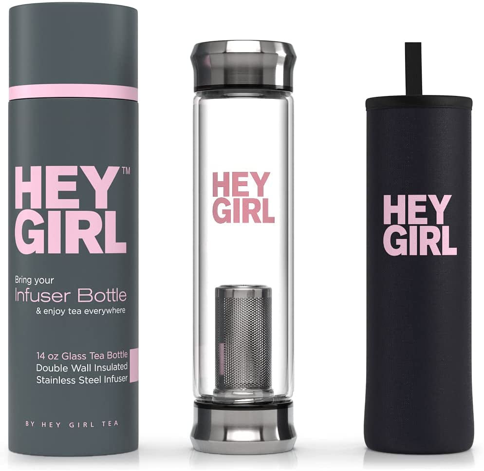 Hey Girl Glass Water Bottle Tea Infuser - 14Oz Insulated Glass Bottles with Tea Steeper & Silicone Sleeve for Loose Leaf Tea & Infused Fruit - Travel Tea Brewer Tumbler Mug - Gifts for Tea Drinkers