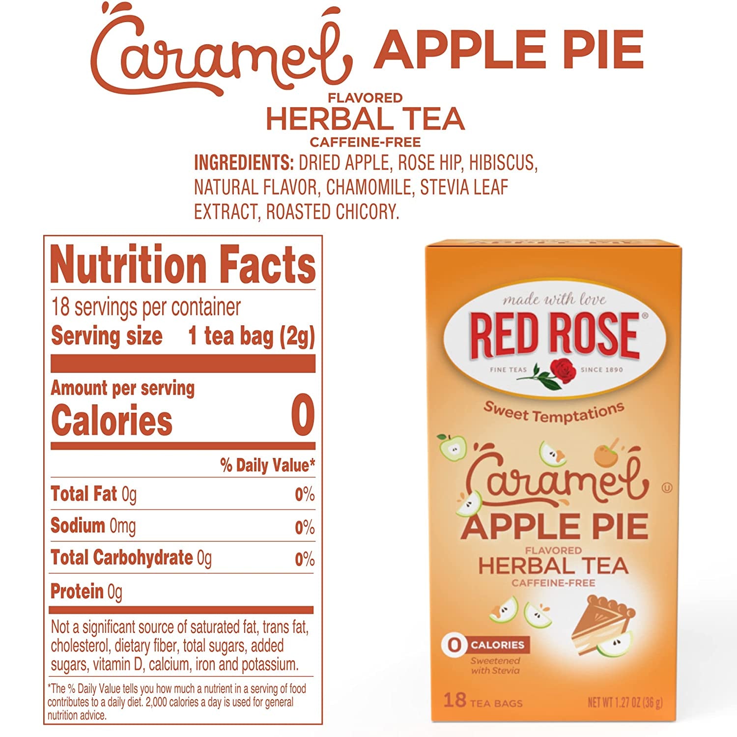 Sweet Temptations Dessert Tea Caramel Apple Pie, Zero Carbs, Zero Sugar Bursting with Flavor Caffeine-Free Delicious Beverage Herbal Tea, 18 Count Pack of 6 Fruit Naturally Flavored Black Tea