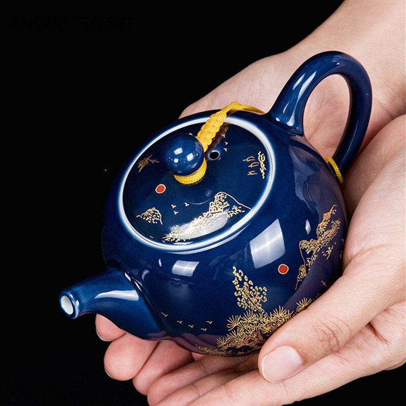 Luxury Palace Style Blue Ceramics Teapot Handmade Filter Kettle Household Tea Set Tie Guanyin Puer Chinese Tea Ceremony Gifts