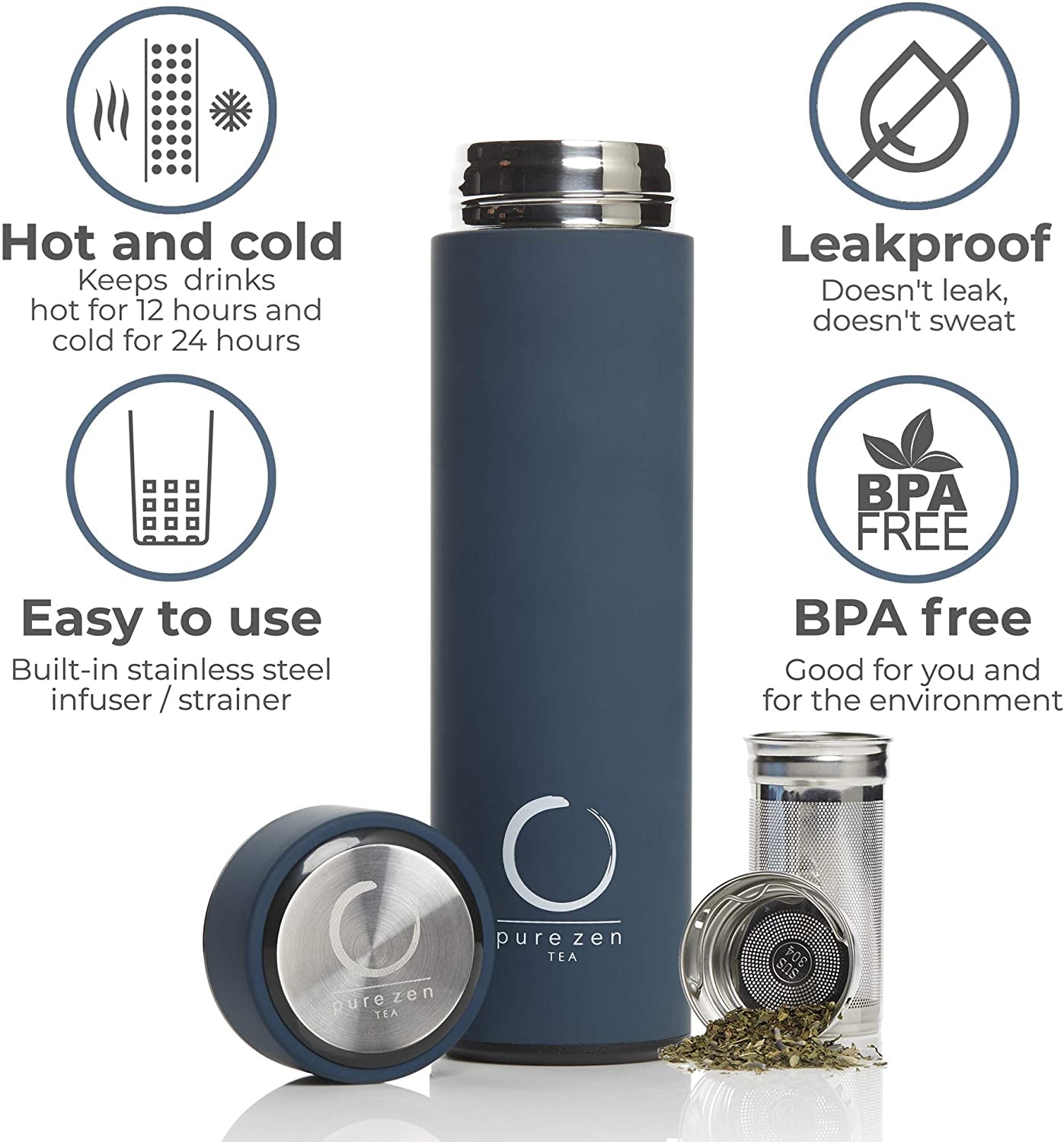 Thermos with Infuser - Stainless Steel Insulated Tea Infuser Tumbler for Loose Leaf Tea, Iced Coffee and Fruit-Infused Water - Leakproof Tea Tumbler with Infuser - 15Oz - Blue