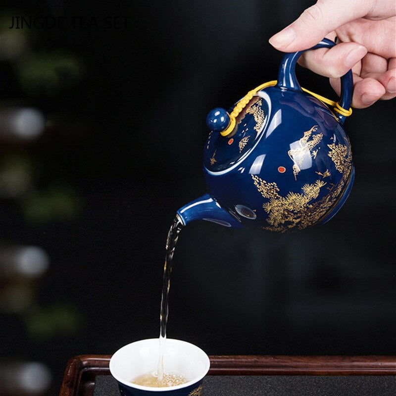 Luxury Palace Style Blue Ceramics Teapot Handmade Filter Kettle Household Tea Set Tie Guanyin Puer Chinese Tea Ceremony Gifts